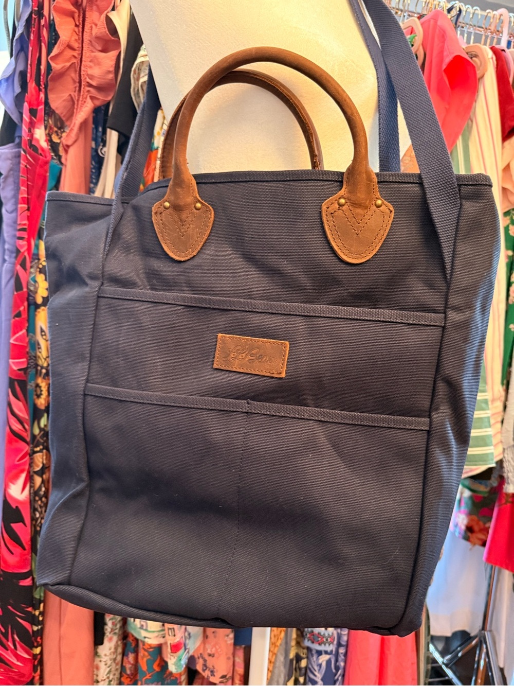 L.L. Bean Stonington Navy Canvas Messenger Tote with Brown Leather Handles - Picture 2 of 5